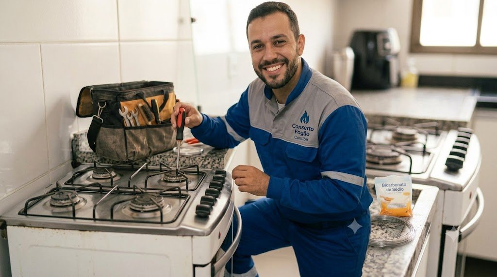 Técnico especializado da Conserto Fogão em Curitiba realizando manutenção