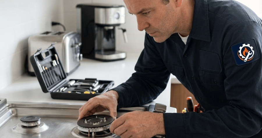 Técnico avaliando o funcionamento de um fogão a gás