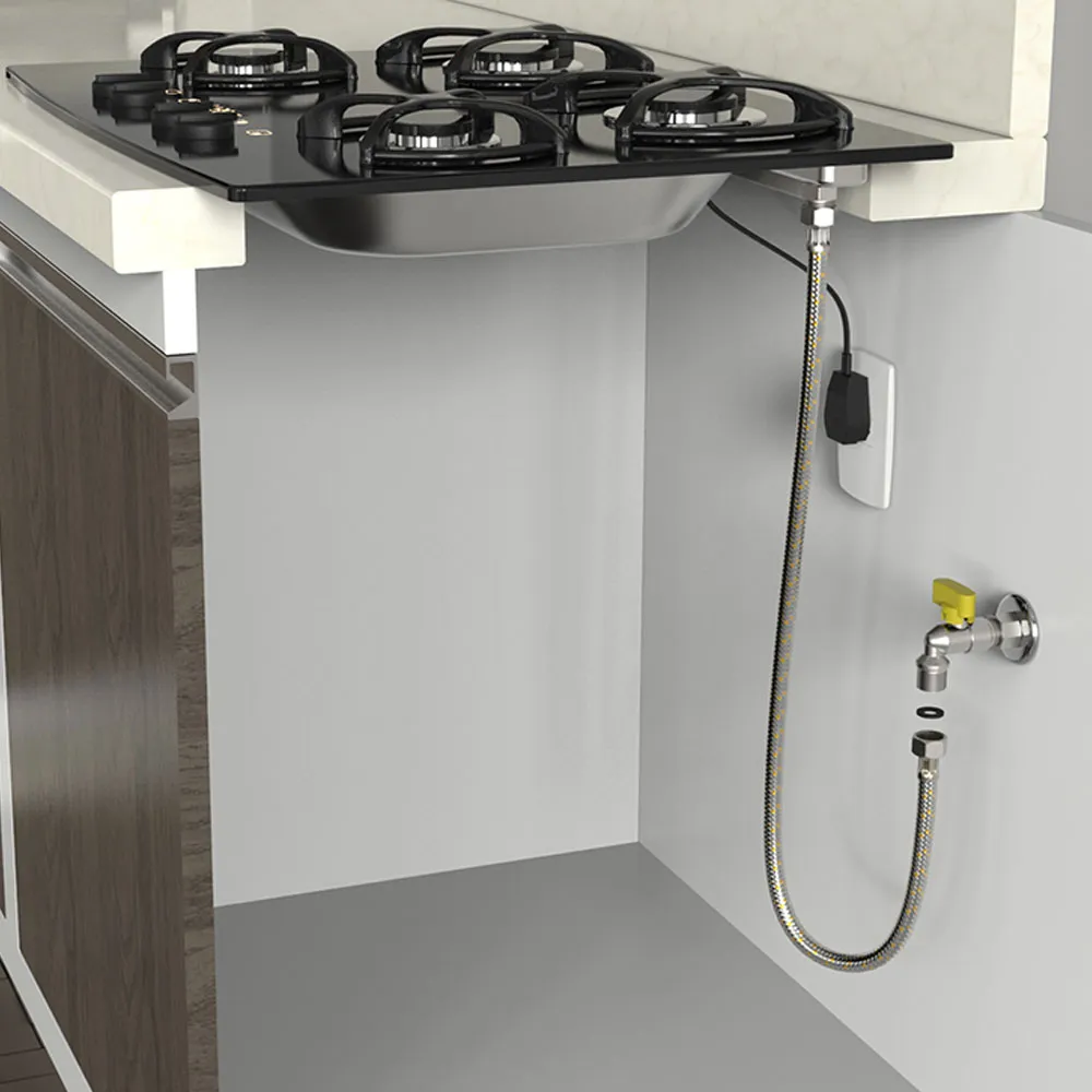 Ilustração de flexível metálico sob um cooktop, com a conexão junto ao registro de gás mostrada separada.