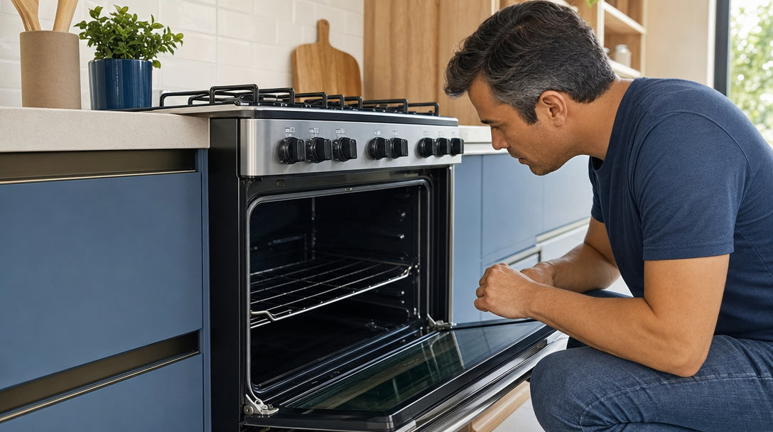 Homem observa um forno a gás apagado, com a porta aberta e as grades internas visíveis.