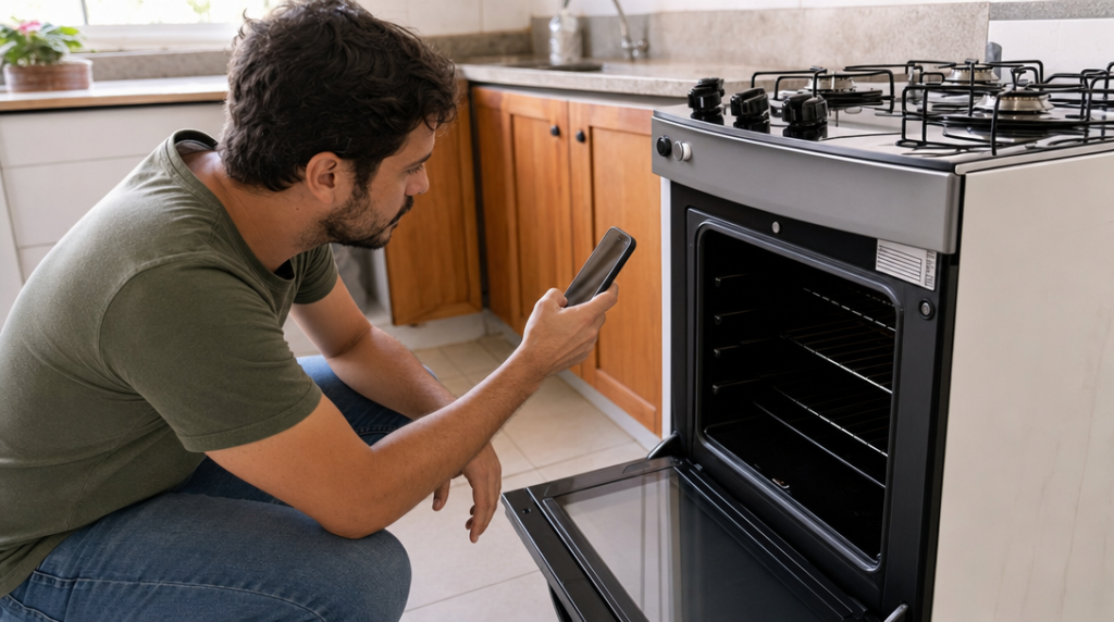 Homem fotografa com o celular a etiqueta de identificação na moldura de um forno aberto e apagado.