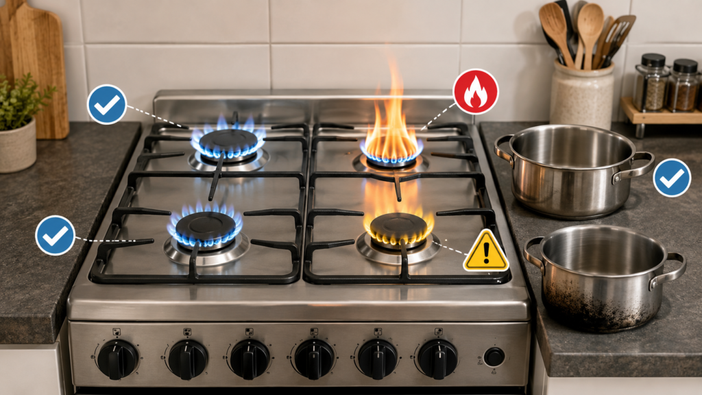 Ilustração comparando chamas azuis e amareladas, com sinais de alerta e uma panela com fuligem.