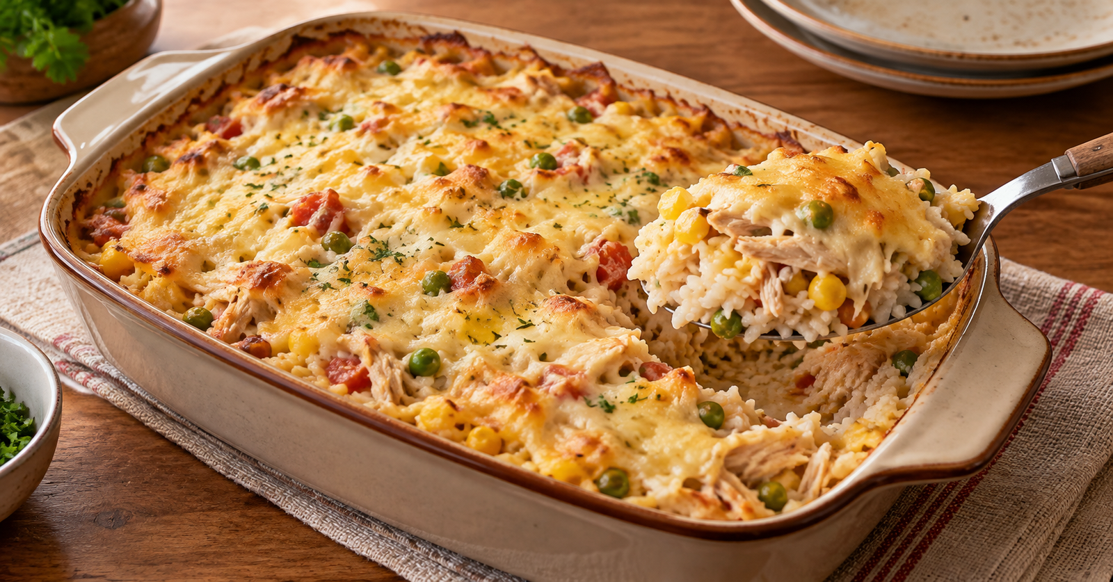 Arroz de forno cremoso com legumes e queijo dourado servido em um refratário