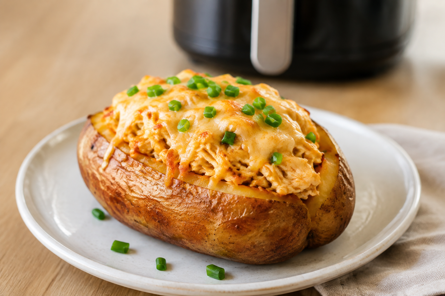 Batata recheada com frango e queijo preparada na air fryer
