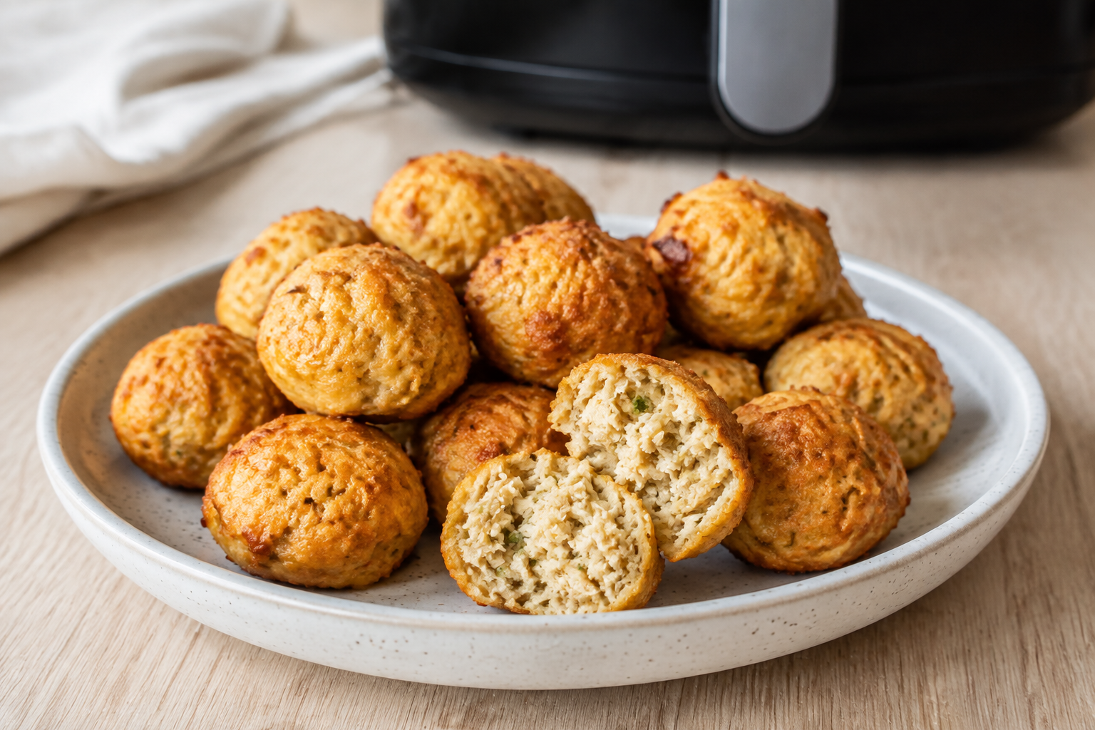 Bolinhos proteicos de frango dourados preparados na air fryer