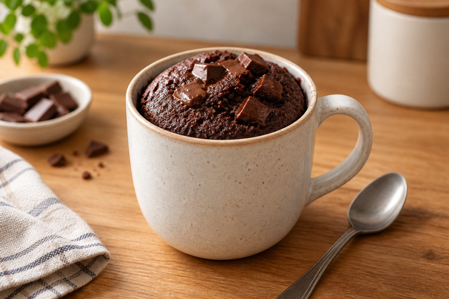 Bolo de caneca de chocolate macio com pedaços de chocolate por cima