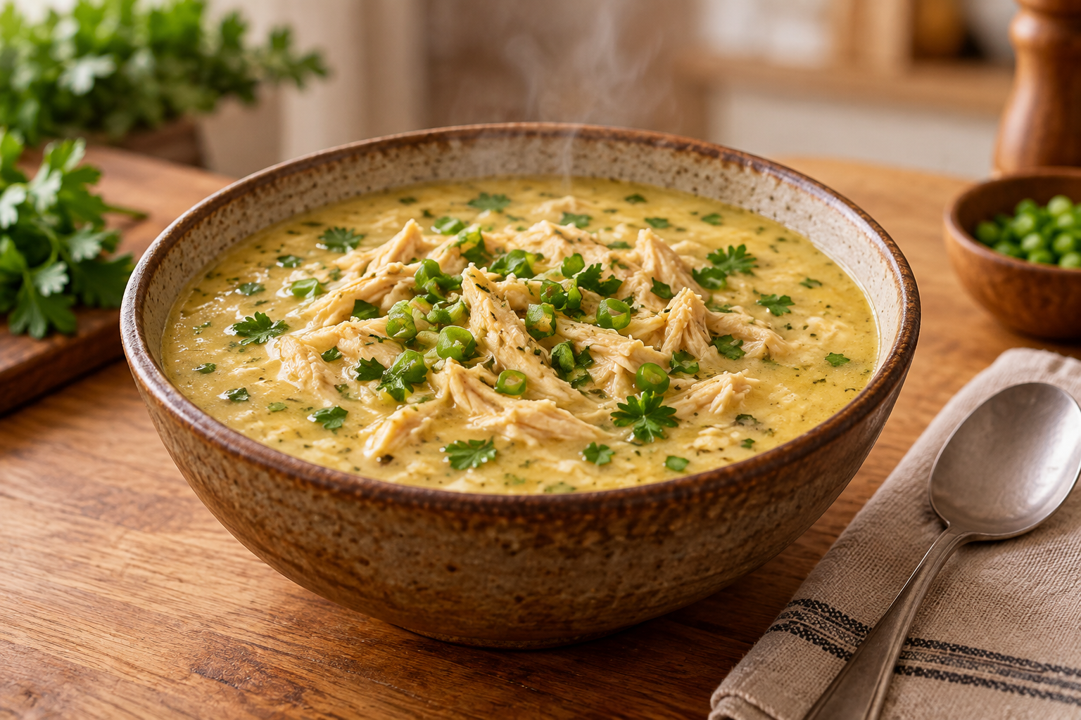 Caldo cremoso de mandioca com frango desfiado e cheiro-verde