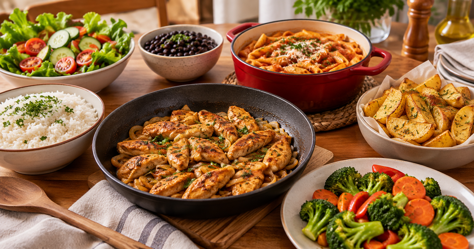 Mesa com frango acebolado, arroz, massa, batatas, salada e legumes representando 30 dias de receitas rápidas