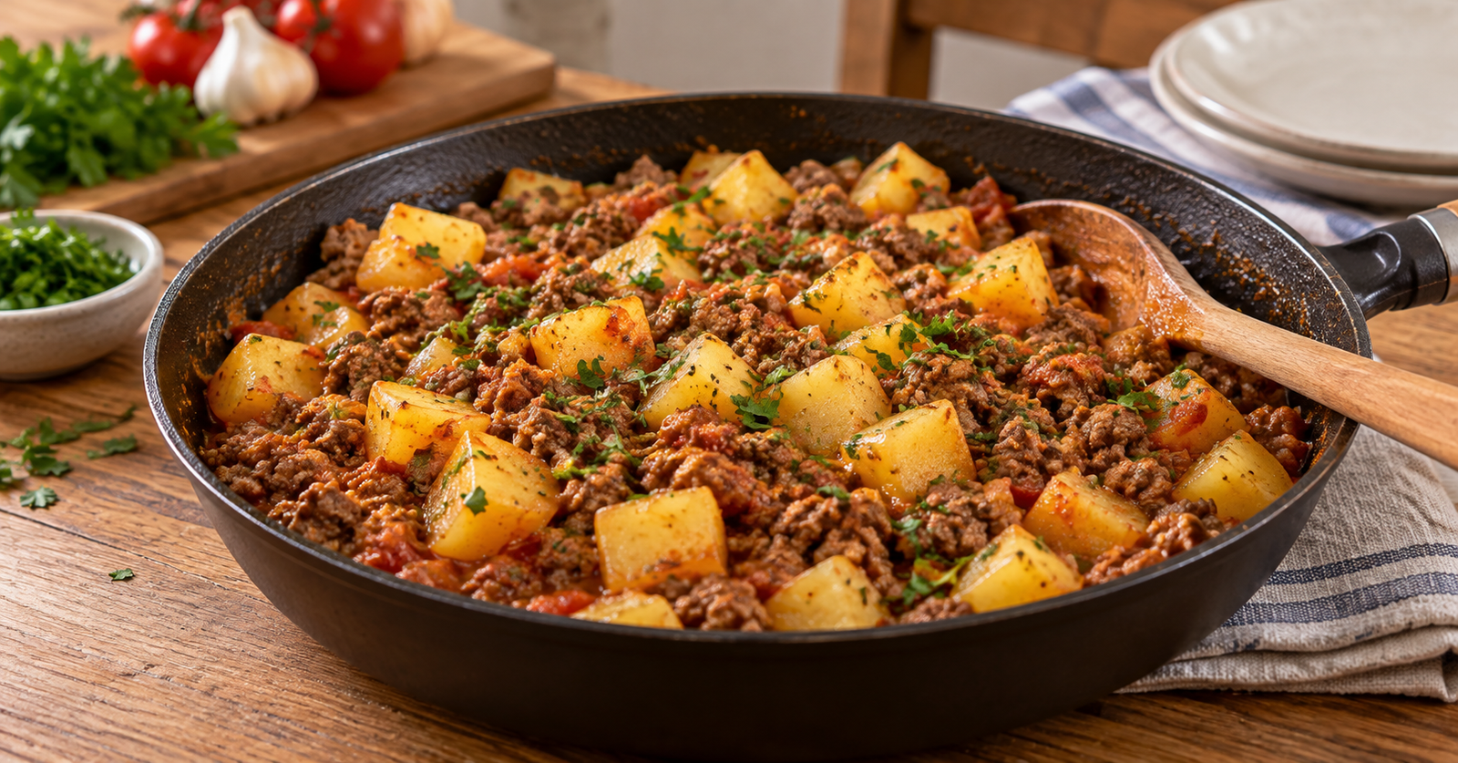 Carne moída com cubos de batata e cheiro-verde servida em uma panela