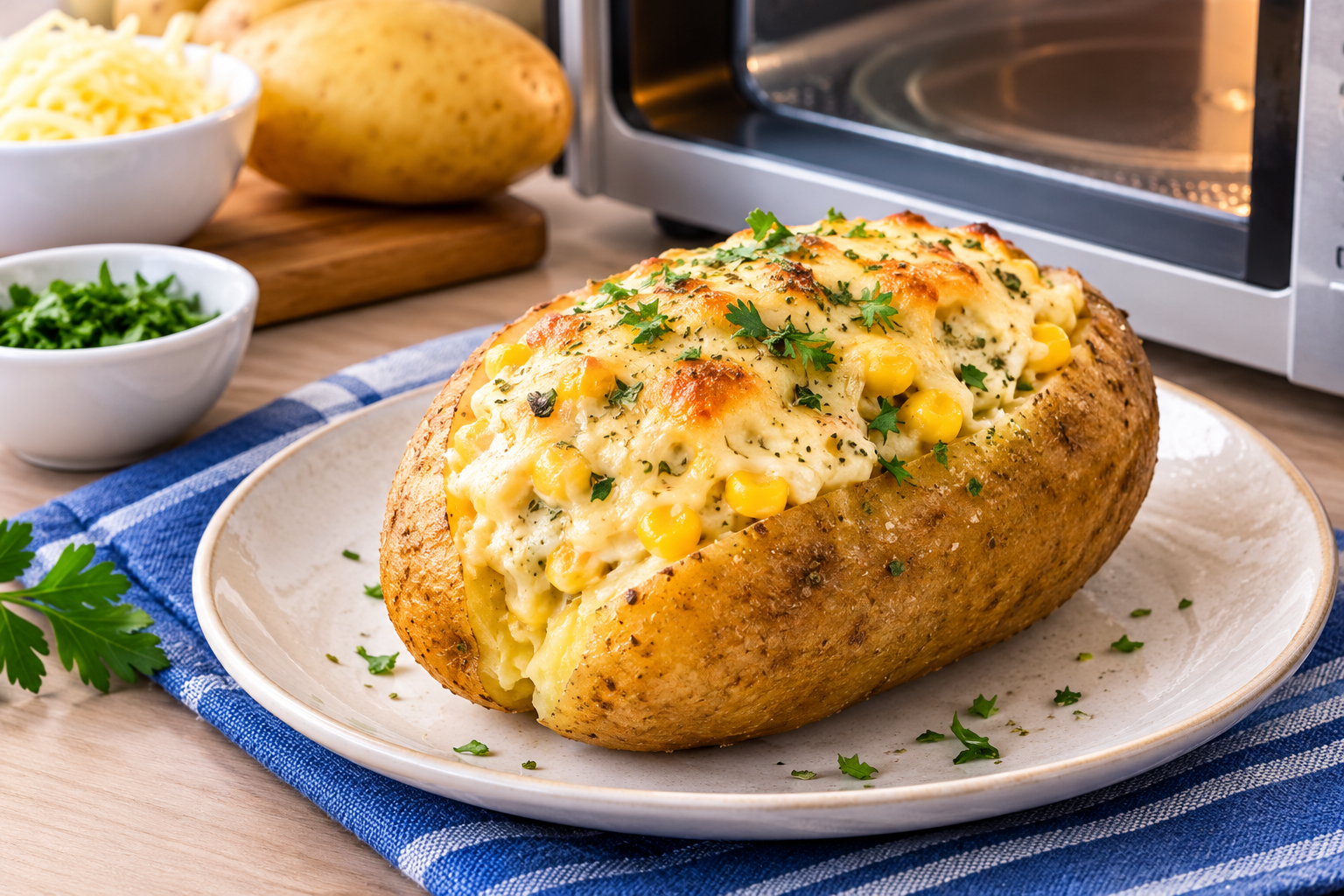 Batata recheada com queijo derretido e cheiro-verde, servida em um prato.