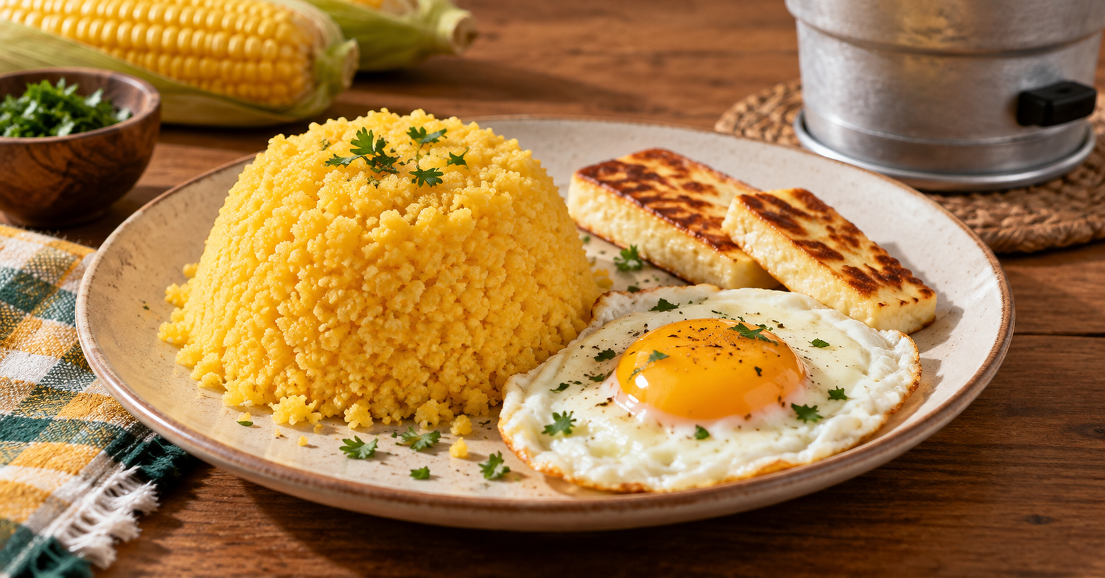 Cuscuz nordestino servido com ovo e queijo dourado em um prato