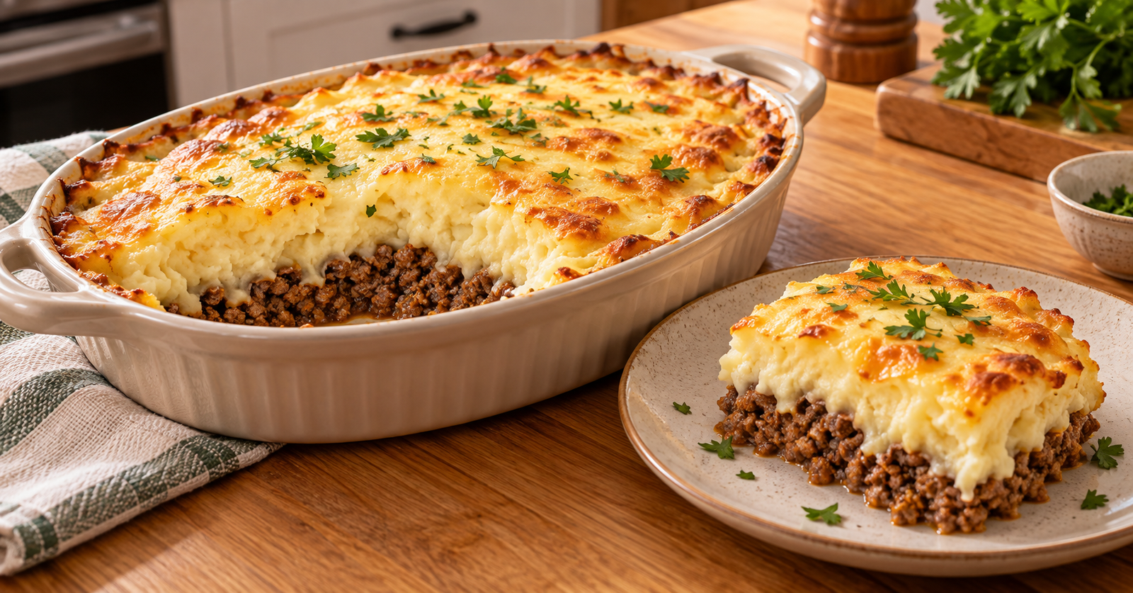 Escondidinho de carne moída com purê cremoso e queijo gratinado