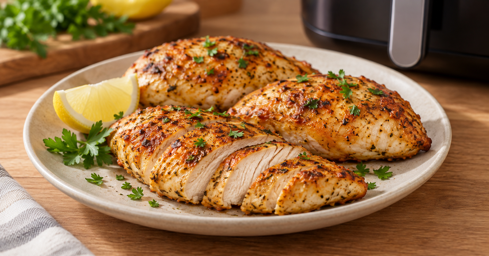 Filés de frango dourados preparados na air fryer e servidos com ervas