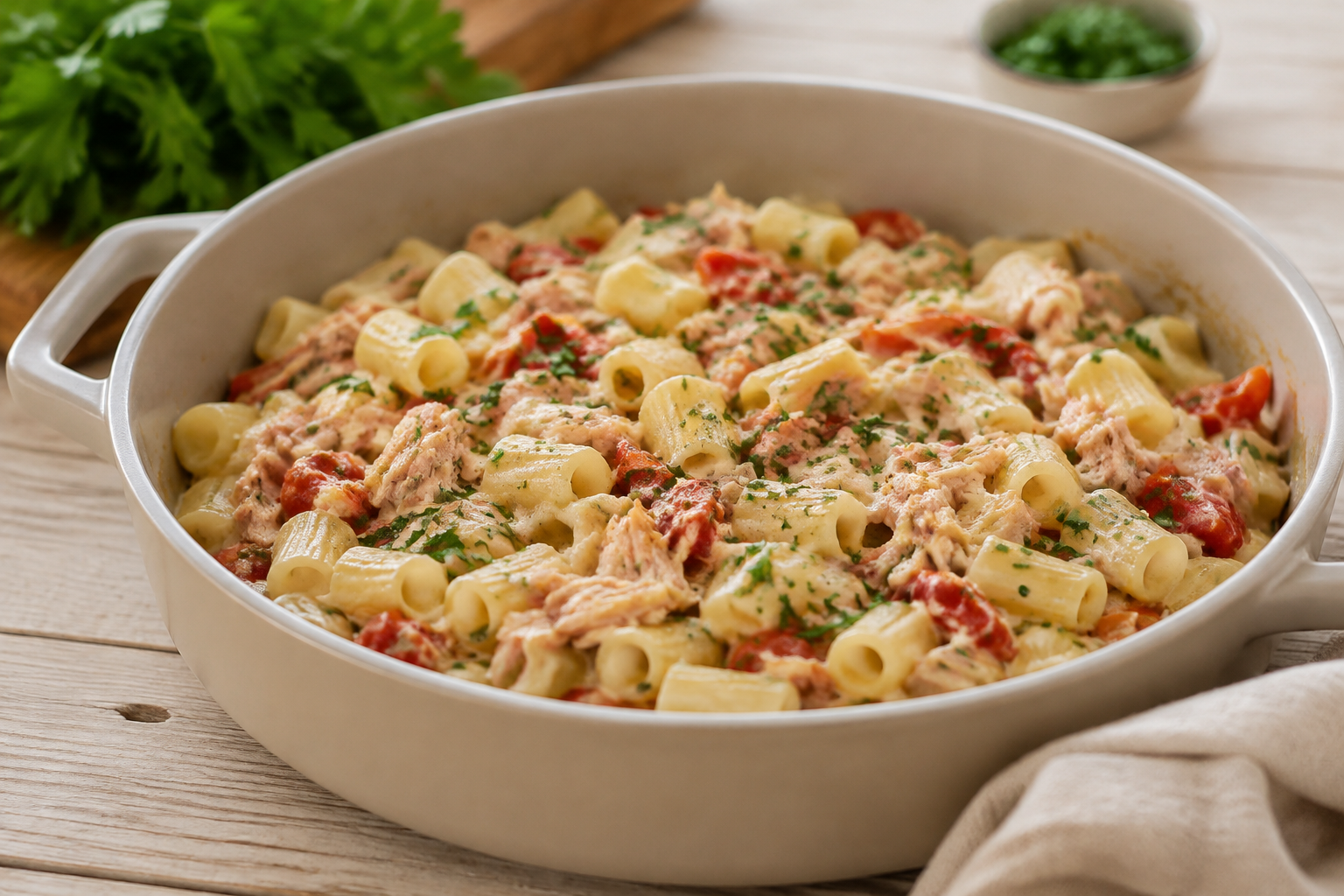 Macarrão cremoso com atum preparado em uma panela só