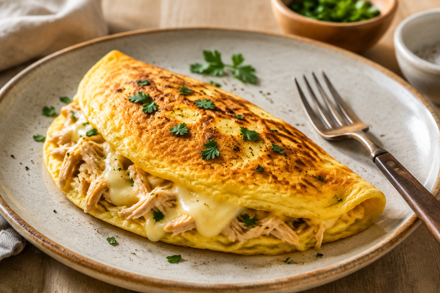 Omelete cremosa com frango desfiado e queijo para o pós-treino