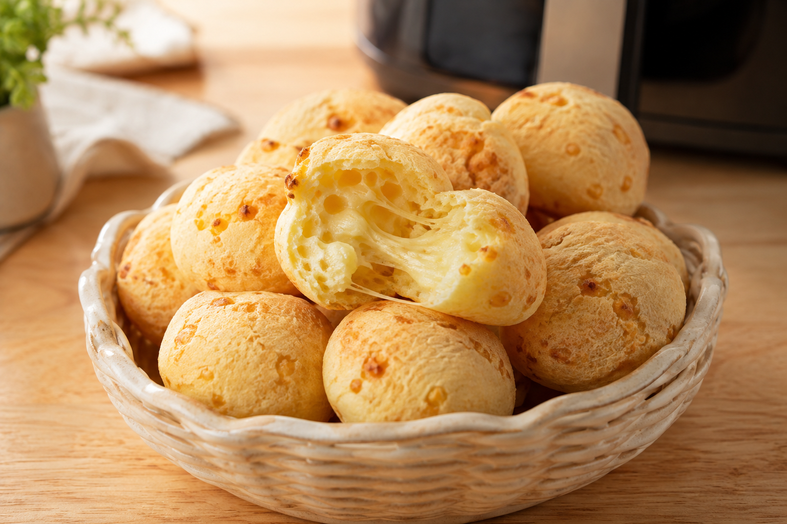 Pães de queijo dourados preparados na air fryer em 15 minutos