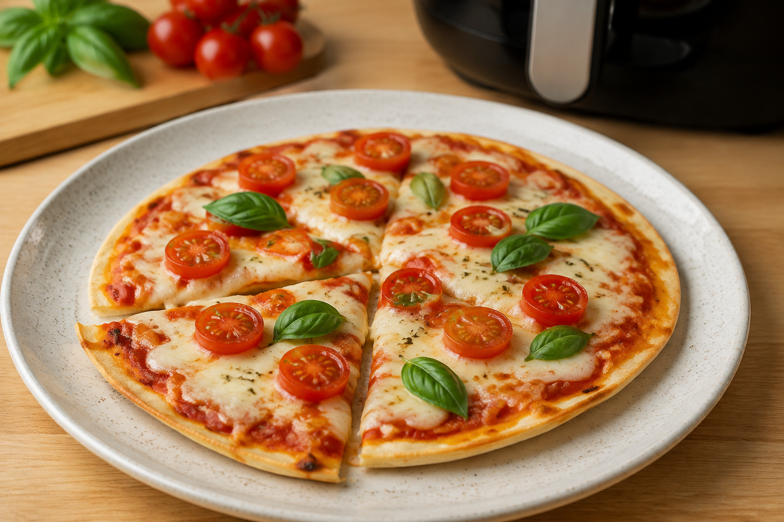 Pizza de Rap10 com queijo, tomate e manjericão preparada na air fryer