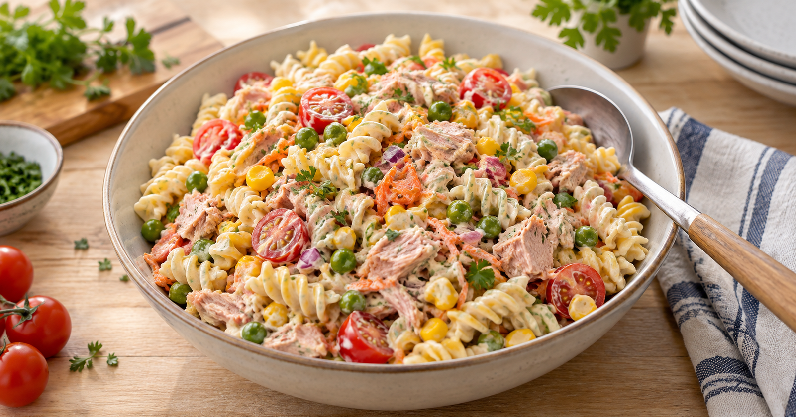 Salada de macarrão com atum, cenoura, milho e tomates em uma tigela