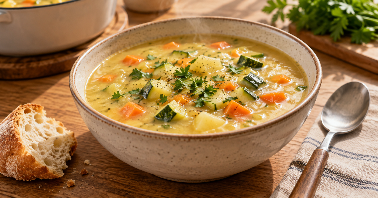 Sopa cremosa de legumes servida em tigela com pedaços de cenoura e abobrinha