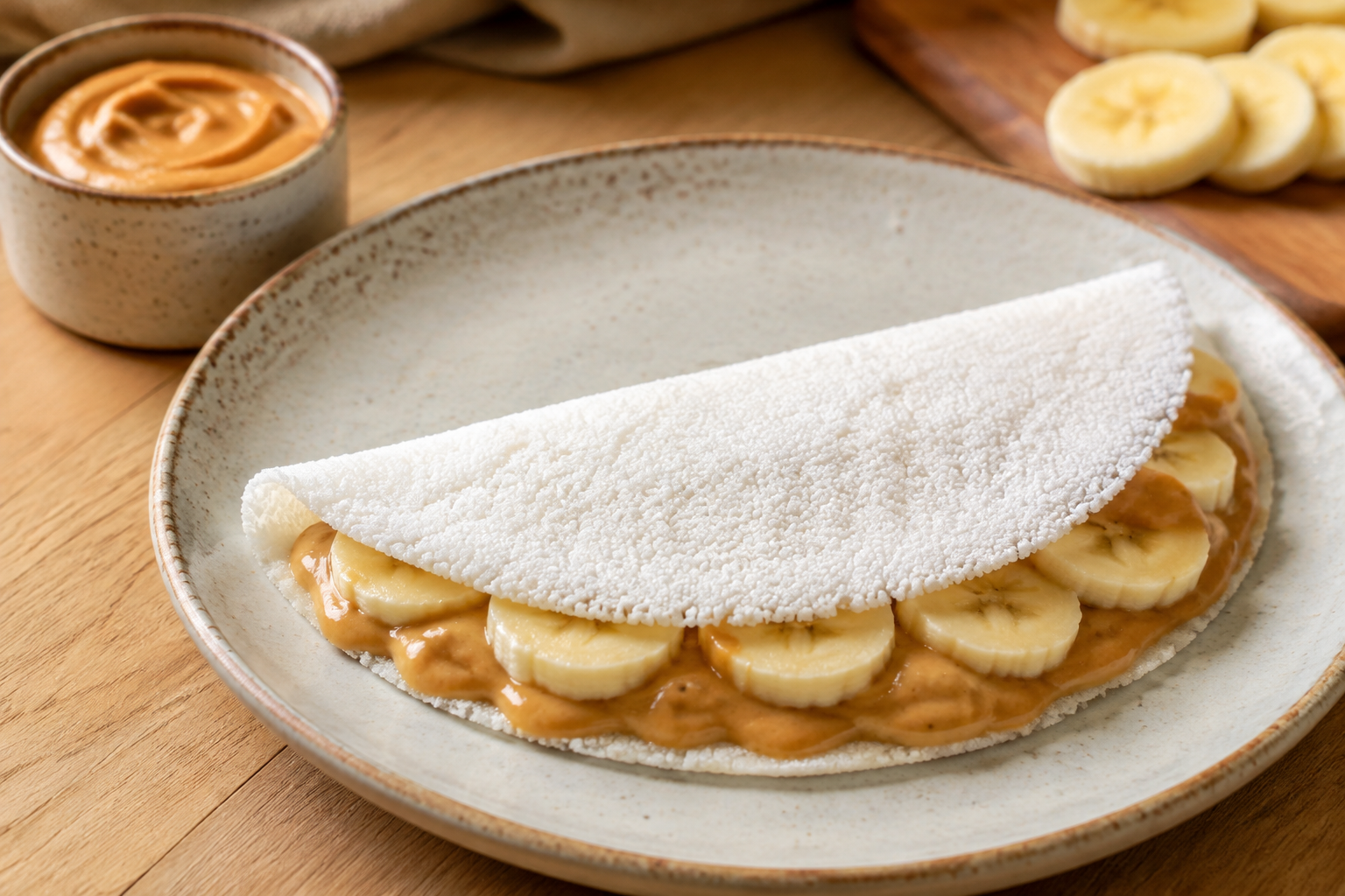 Tapioca de banana com pasta de amendoim para o pré-treino