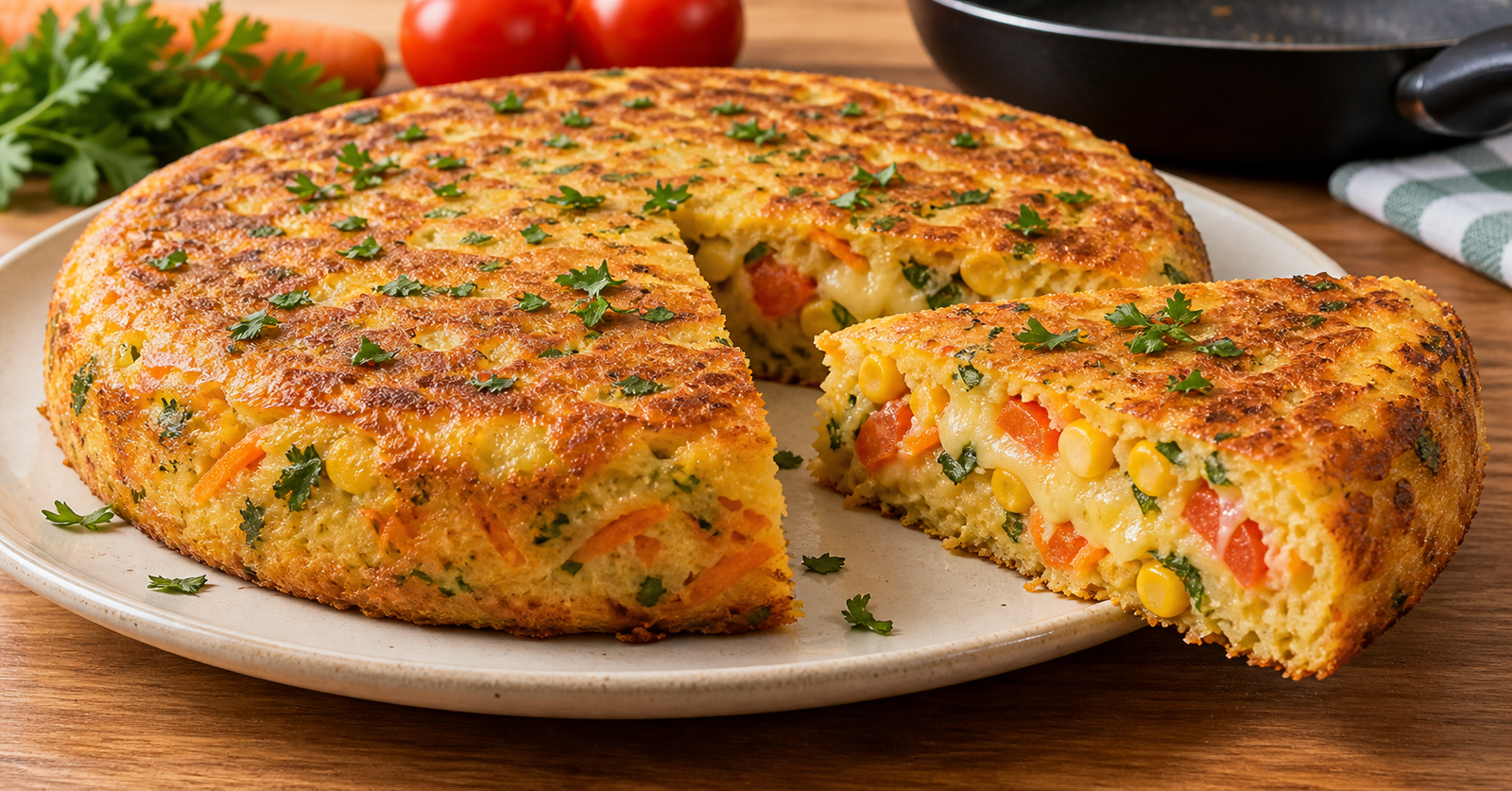 Torta salgada de frigideira cortada em fatias com queijo, milho e legumes
