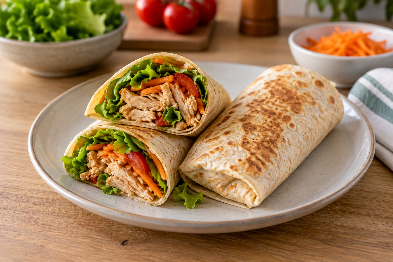 Wrap de frango cortado ao meio com alface, tomate e cenoura
