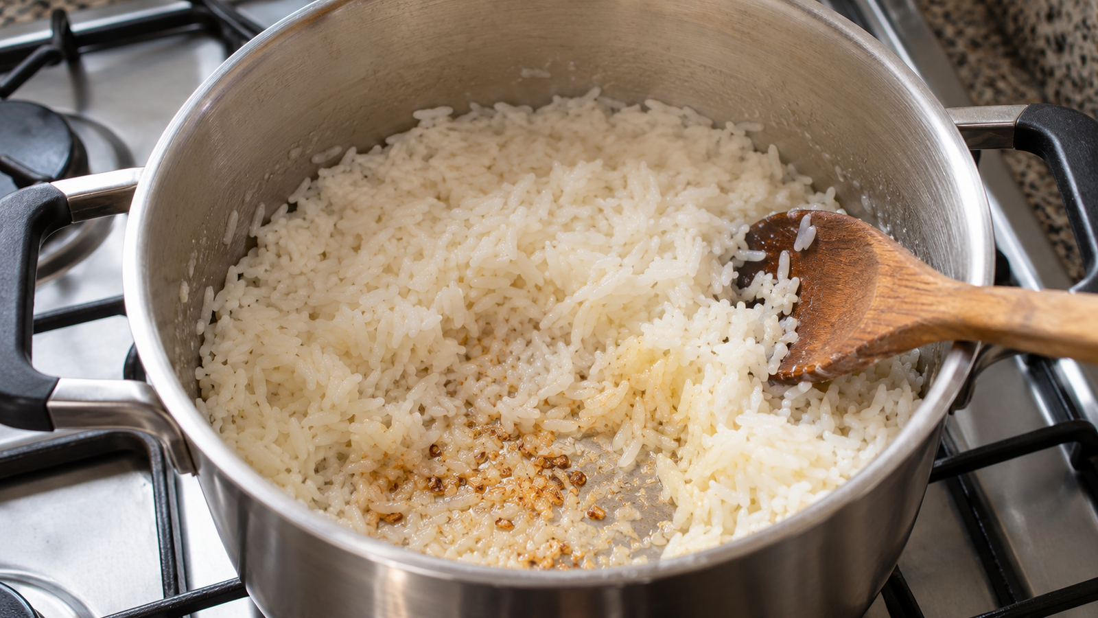 Arroz ainda úmido na panela, com uma pequena área começando a dourar no fundo.