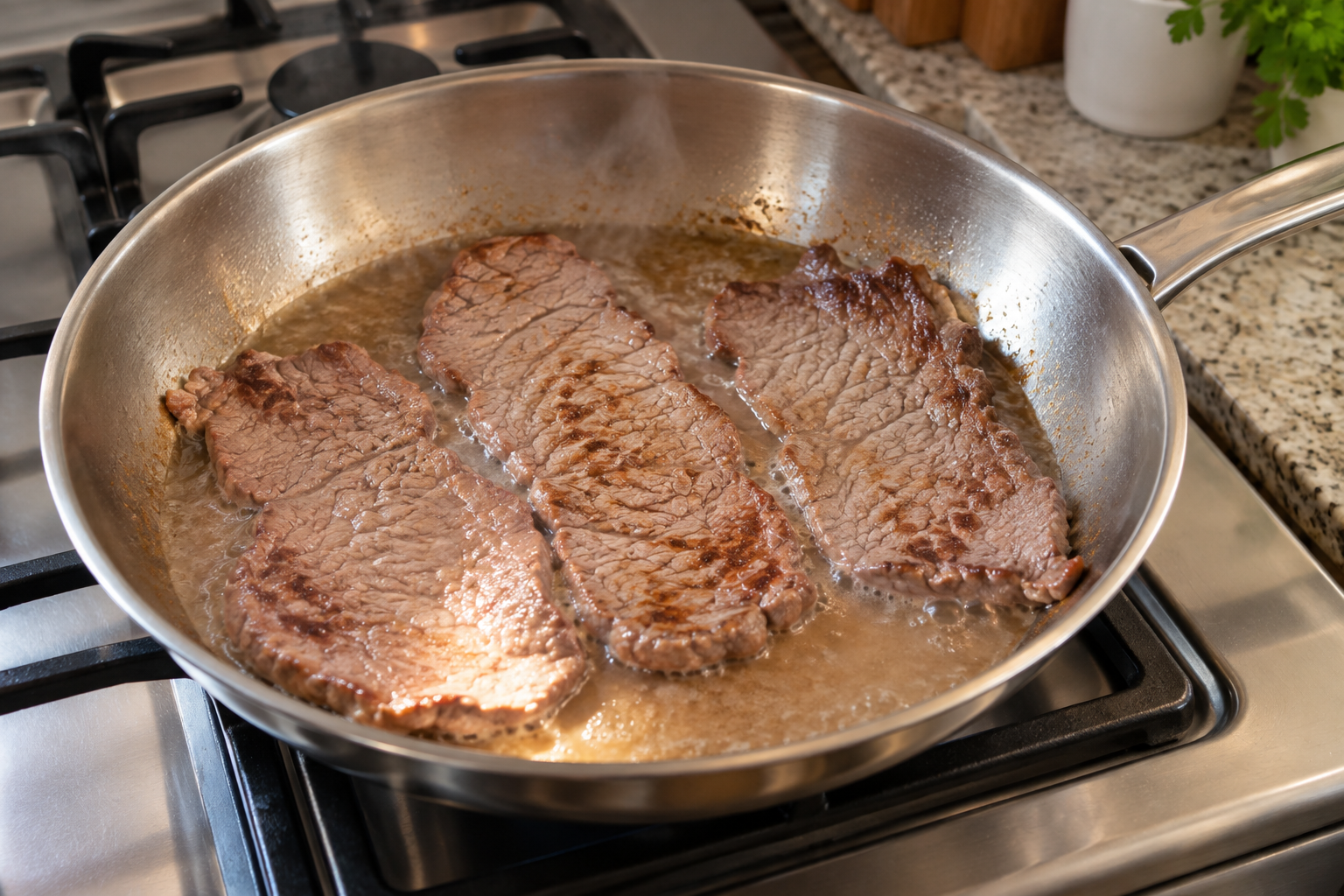 Três bifes em uma frigideira de inox, com líquido acumulado ao redor e pouco douramento na superfície.