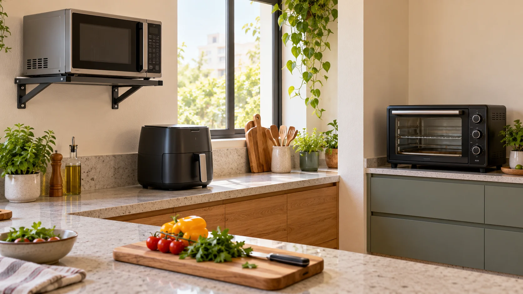 Cozinha organizada com micro-ondas em suporte de parede e áreas separadas para forno elétrico e air fryer.