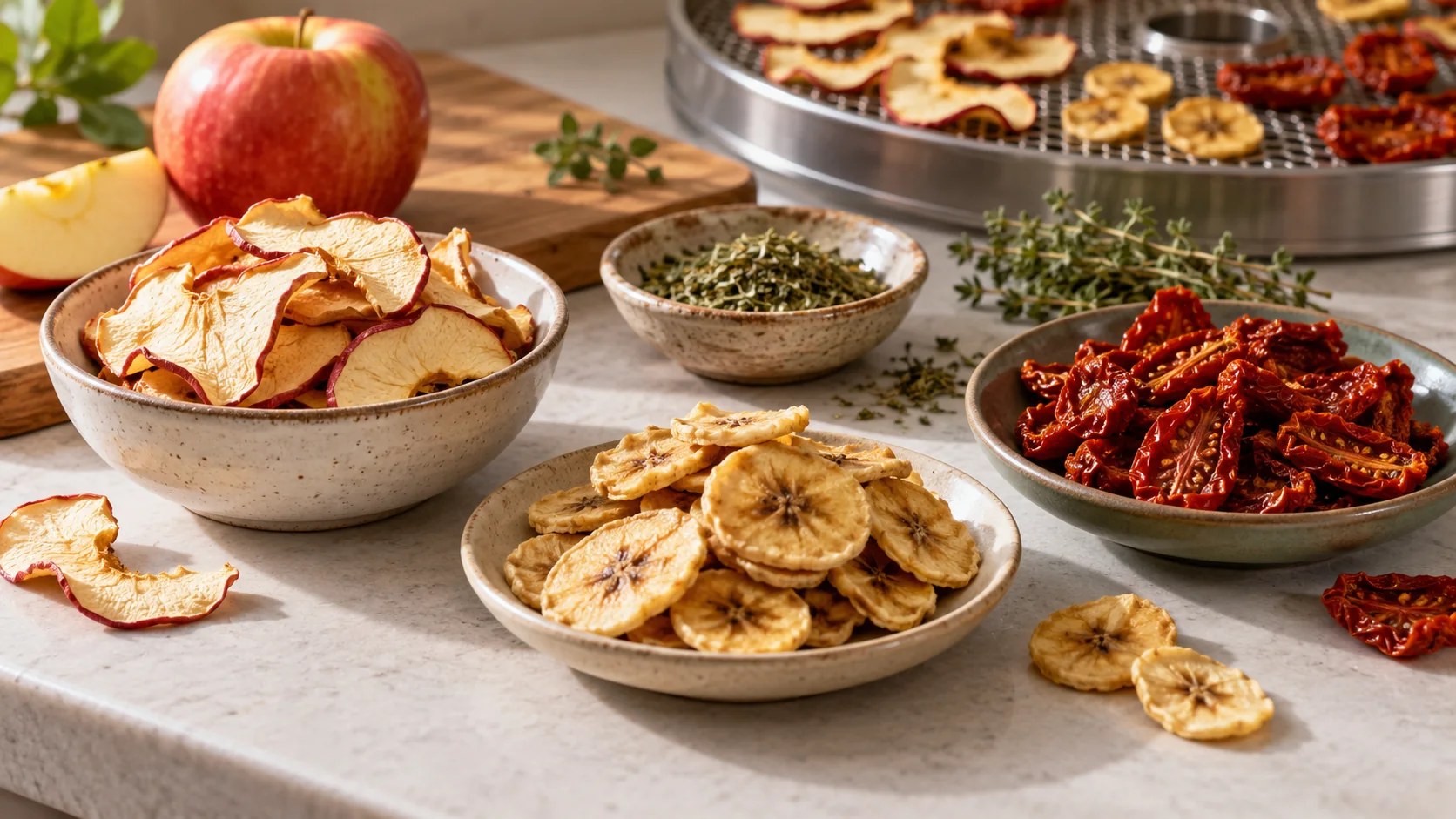 Maçã, banana, tomates e ervas desidratados em recipientes sobre uma bancada.