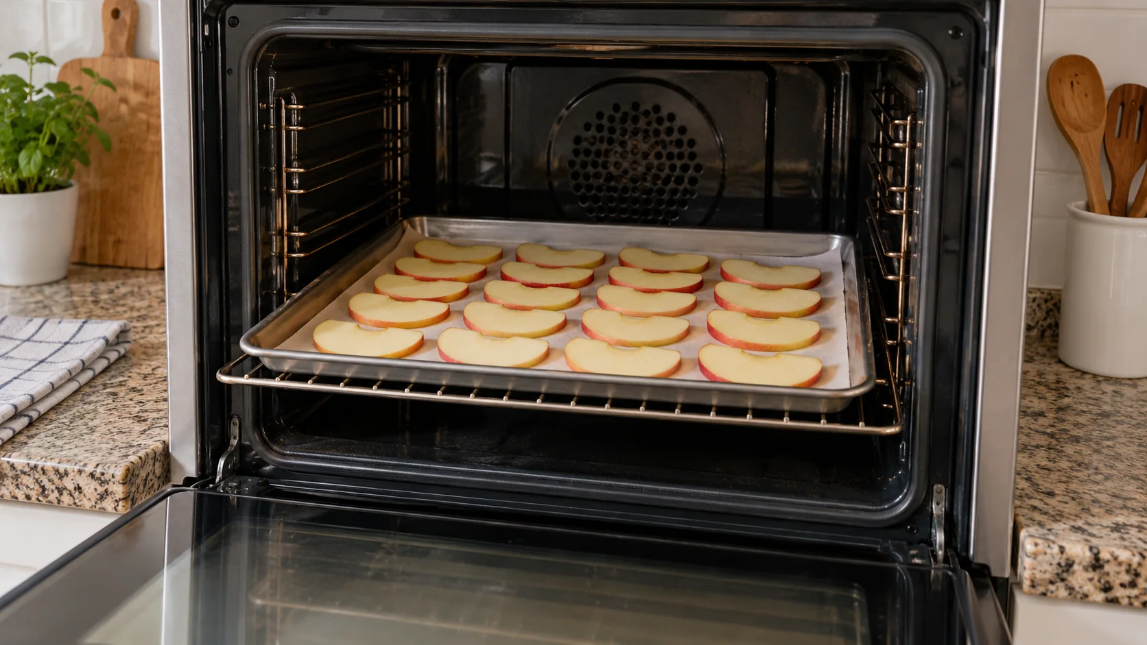 Bandeja com fatias de maçã em camada única na grade central de um forno desligado e aberto.