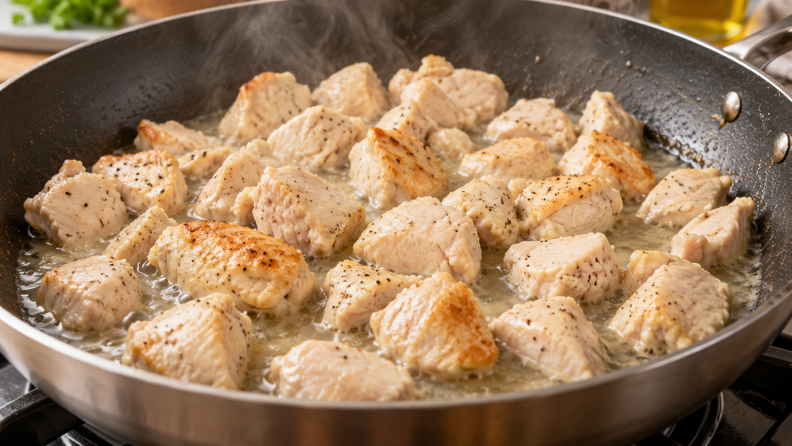 Pedaços de frango soltando líquido em uma frigideira, com algumas partes começando a dourar.