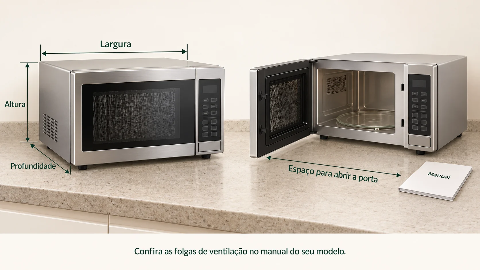 Ilustração de largura, altura e profundidade de um micro-ondas e espaço para abrir sua porta.