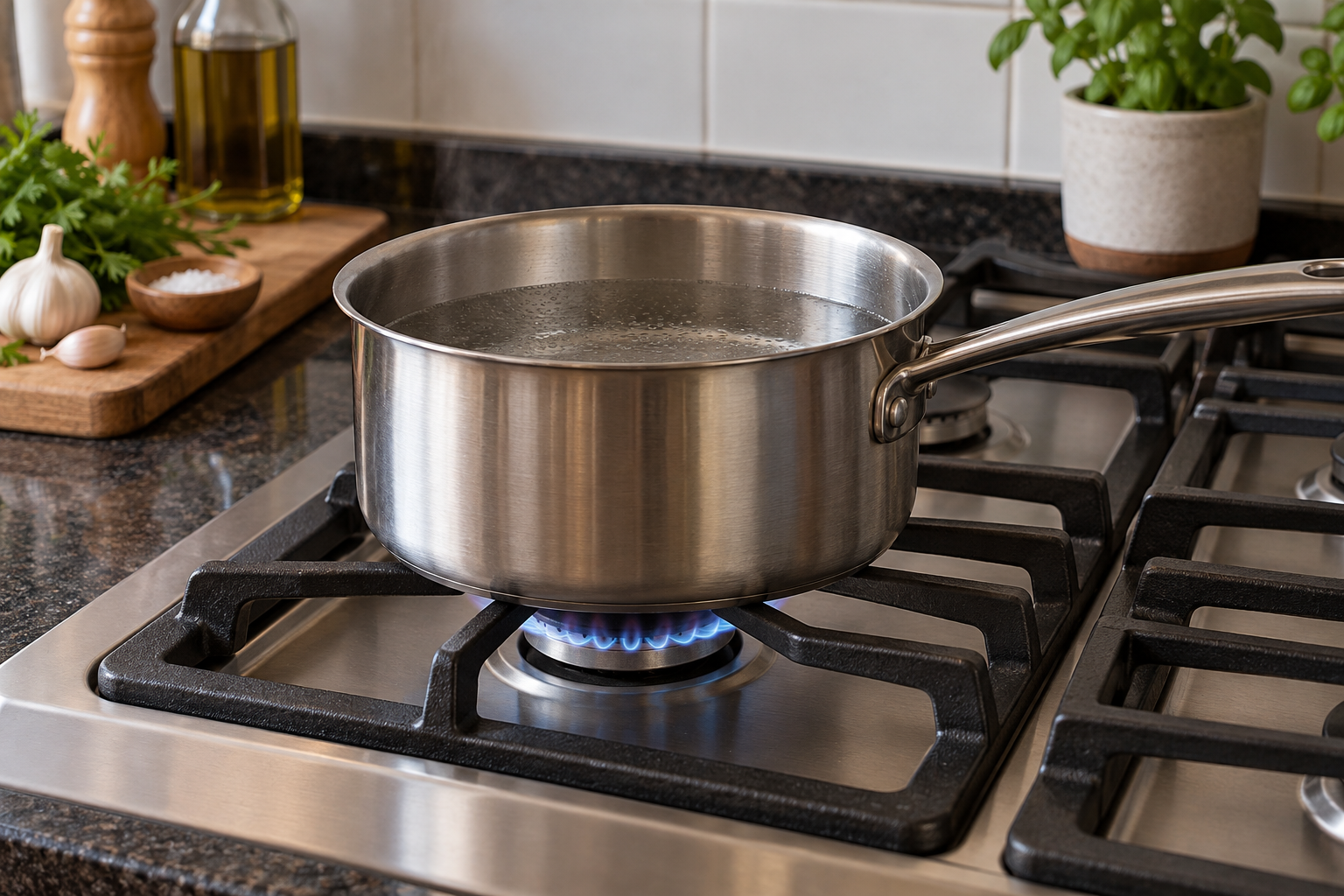 Panela de inox apoiada na trempe, com chama azul contida sob o fundo.