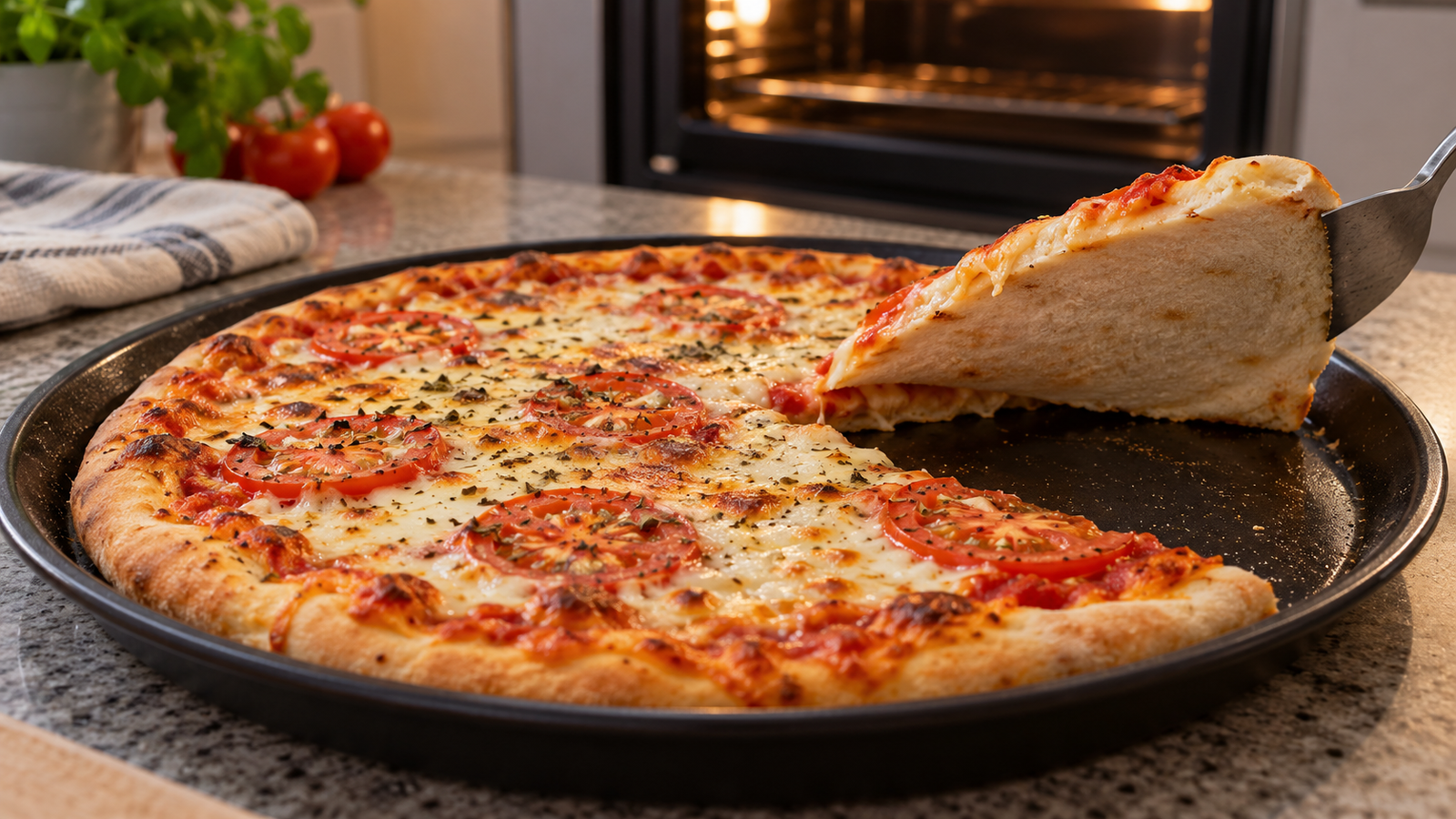 Pizza caseira sobre uma assadeira, com uma fatia levantada mostrando a parte inferior clara.