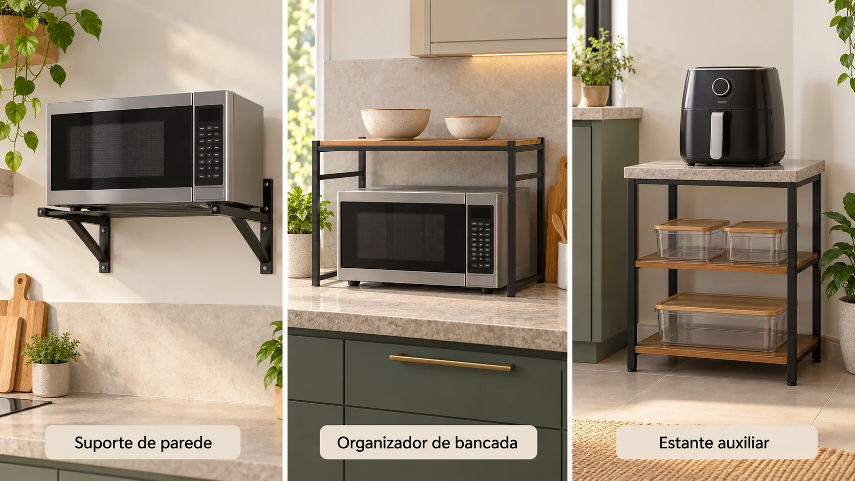 Comparação ilustrada entre suporte de parede, organizador de bancada e estante auxiliar para a cozinha.